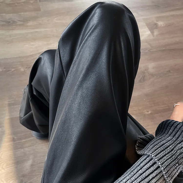 皮裤阔腿裤女秋冬2025新款高腰窄版超软pu哑光黑色直筒拖地裤