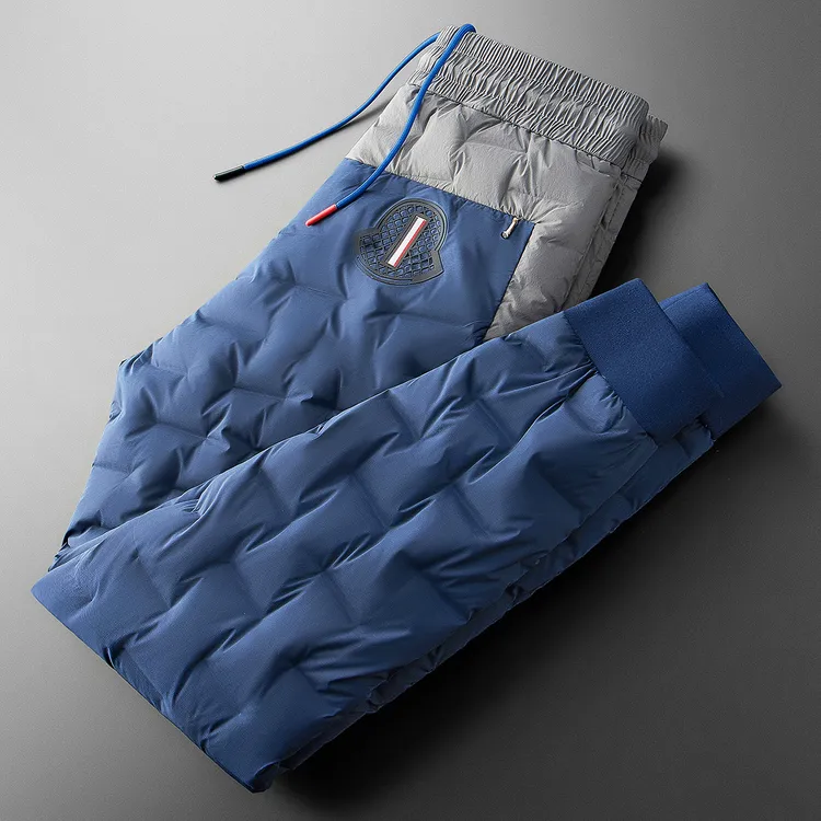 冬季高端时尚撞色拼接加厚保暖白鹅绒情侣男女外穿小脚休闲羽绒裤