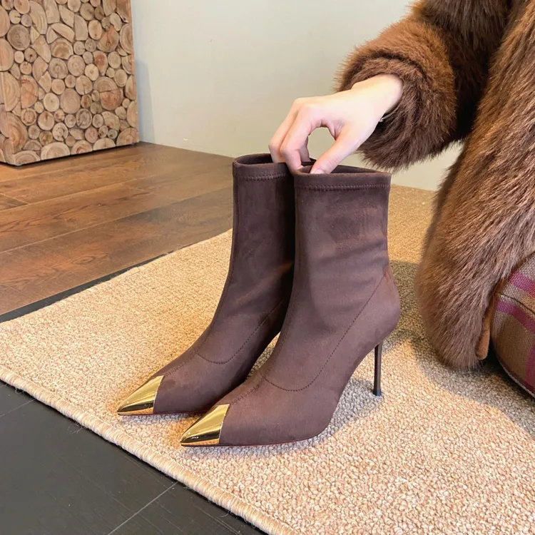 【8公分】绒面气质百搭金属头弹力靴显瘦女靴瘦瘦靴2025秋款