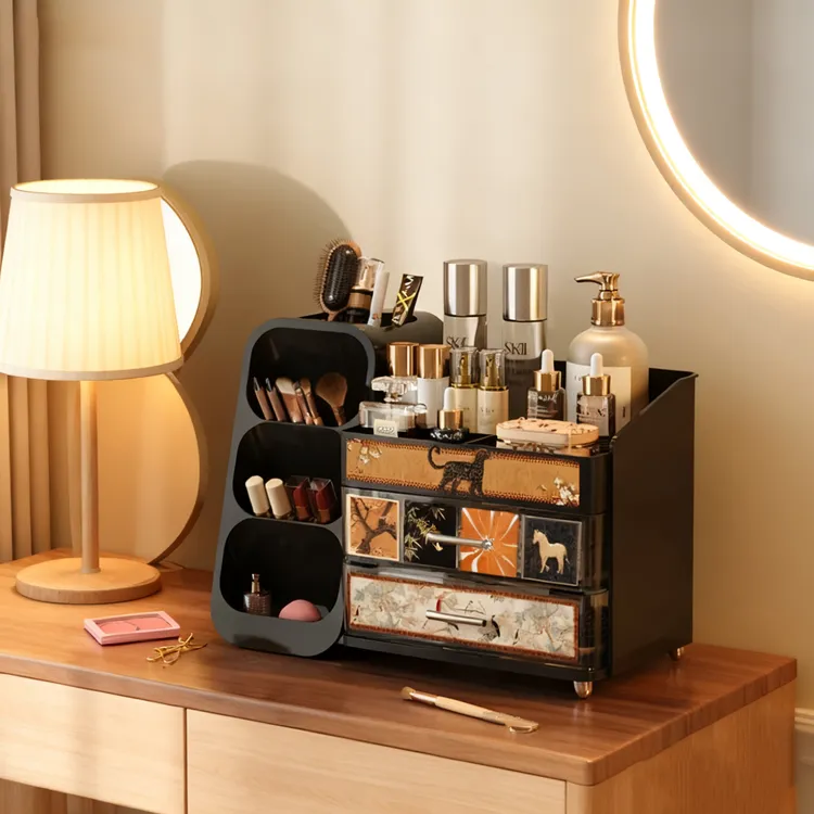 美世达中古风化妆品收纳盒桌面防尘抽屉式高级梳妆台护肤品置物