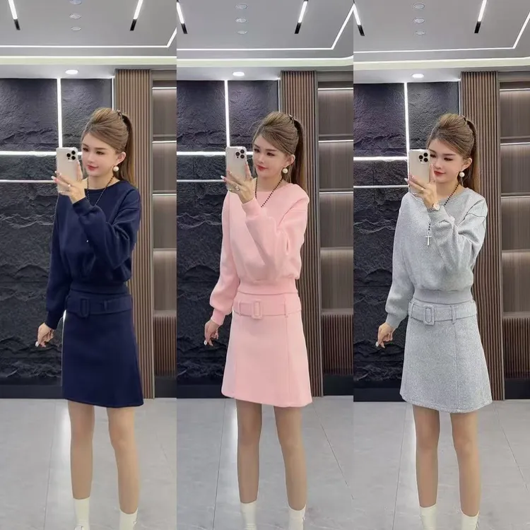 秋款0692  休闲百搭净版长袖上衣 加 短裙 两件套