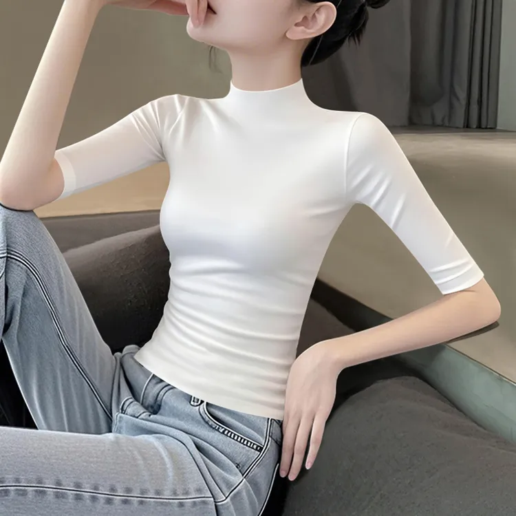 2025新款白色中袖t恤女半高领打底衫修身显瘦五分袖紧身内搭上衣