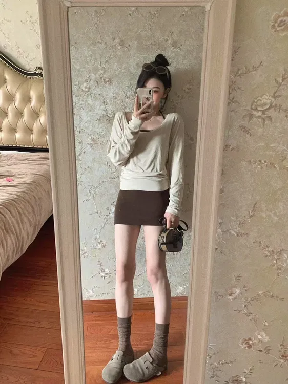 2025夏季新款韩系纯欲慵懒长袖罩衫内搭挂脖背心半身裙三件套装