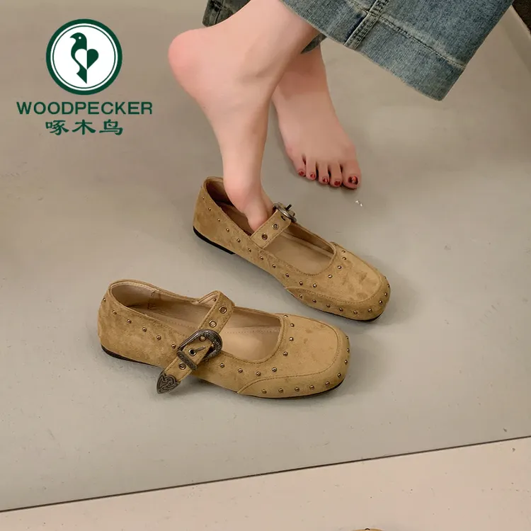 啄木鸟复古一字带玛丽珍鞋女2025夏秋新款法式平底方头浅口单鞋女