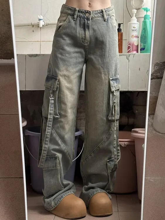 美式复古怀旧工装牛仔裤女2025春季新款水洗多口袋宽松直筒拖地裤