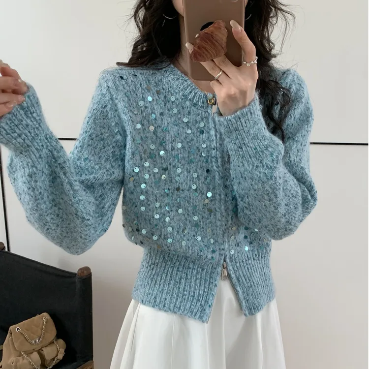 小香风重工亮片毛衣外套女秋冬新款高级感洋气圆领拉链针织衫开衫