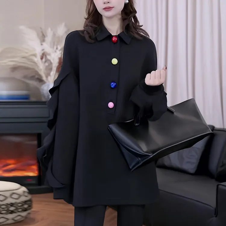 2025秋季新款女黑色卫衣时尚减龄宽松大码显瘦荷叶边polo领上衣
