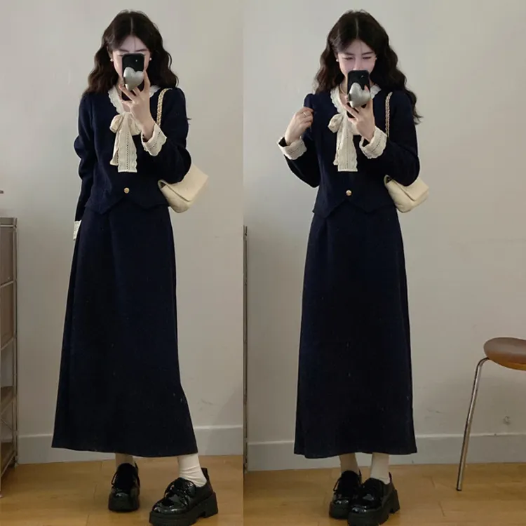 法式轻熟时尚收腰大码套装秋冬蝴蝶结设计收腰外套+半身裙两件套