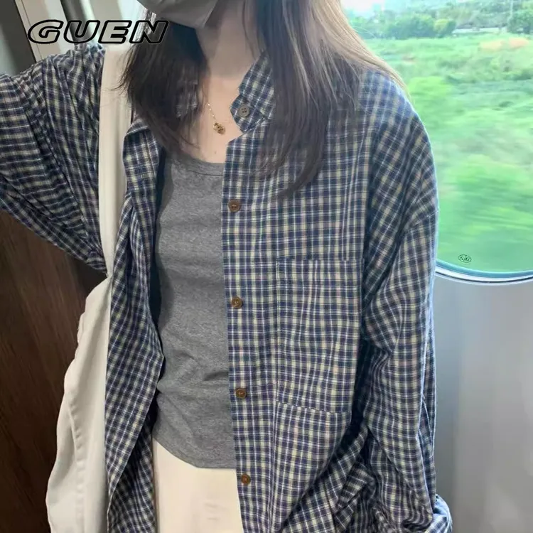 GUEN蓝色格子长袖衬衫女秋季2025新款慵懒风衬衣外套宽松显瘦上衣
