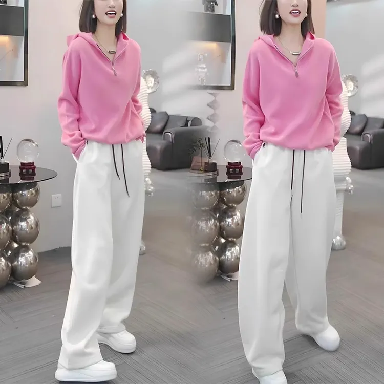2025秋季新款穿搭韩版宽松粉色减龄连帽卫衣休闲显瘦阔腿裤两件套