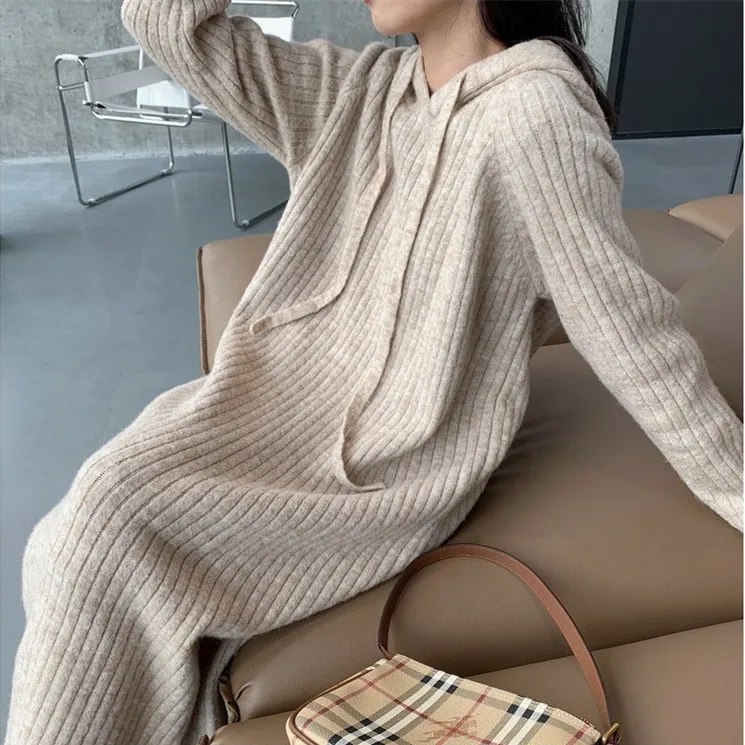 韩版连帽针织衫连衣裙女装秋冬新款宽松显瘦长款过膝纯色毛衣裙