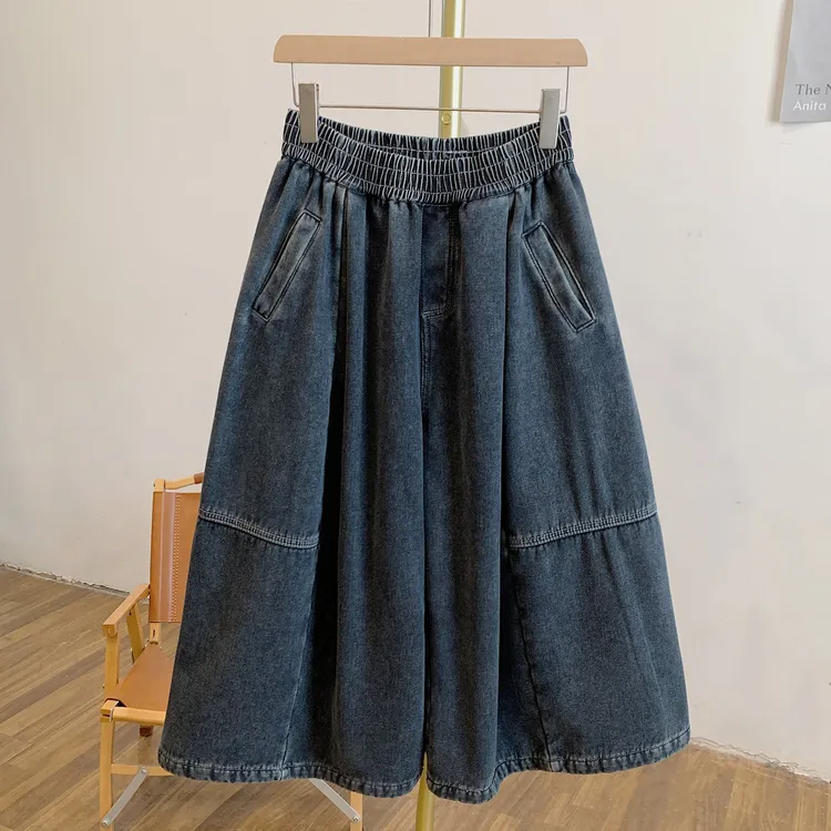 C5342加绒松紧腰牛仔阔腿裤七分裤