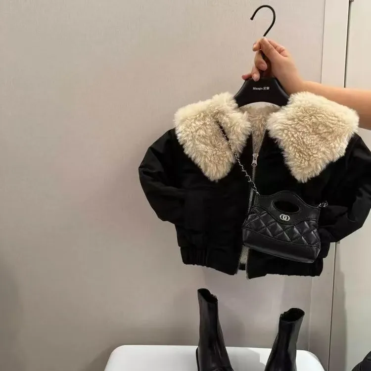 女童冬季新款毛绒外套百搭棉服洋气女宝宝大翻领保暖抓绒外套