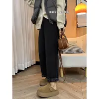 【暖秋裤】复古百搭设计感翻边腰果花拼接直筒裤女宽松显瘦休闲裤秋