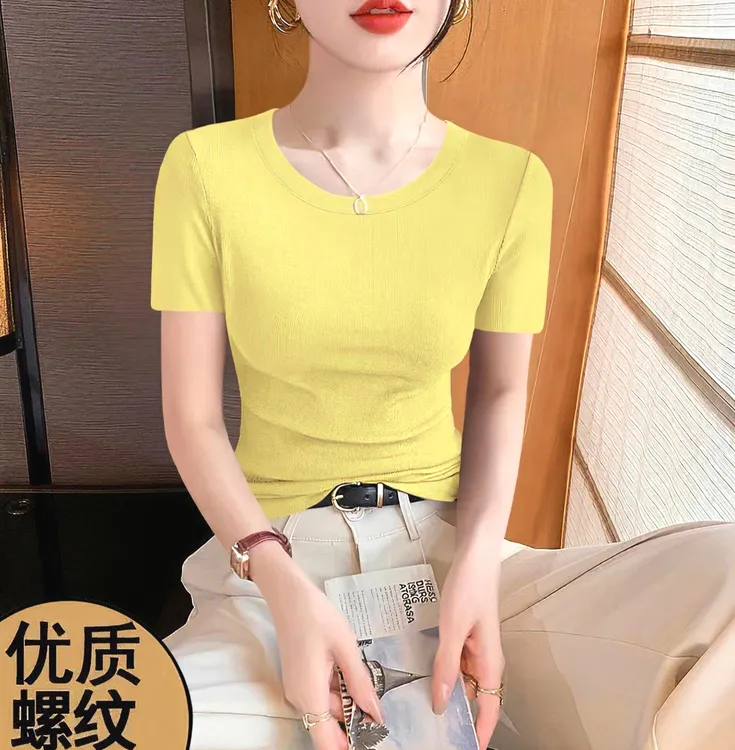 透气螺纹短袖优质纯色姜黄修身女款短T恤夏装短款