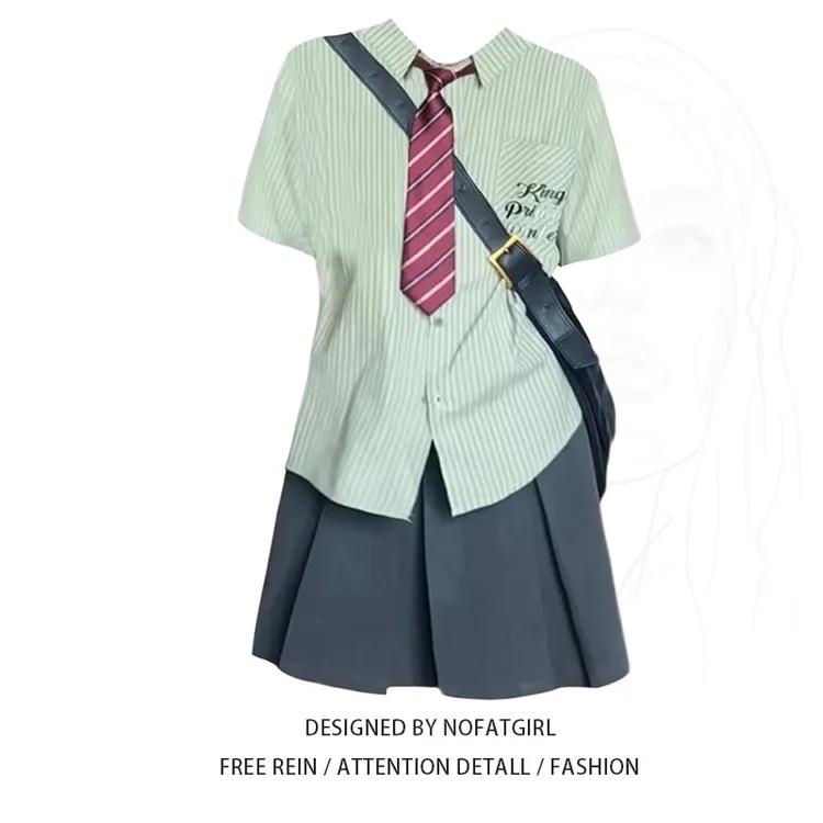 大码胖mm甜美学生套装女夏宽松上衣半袖衬衫百褶裙学院风两件套女