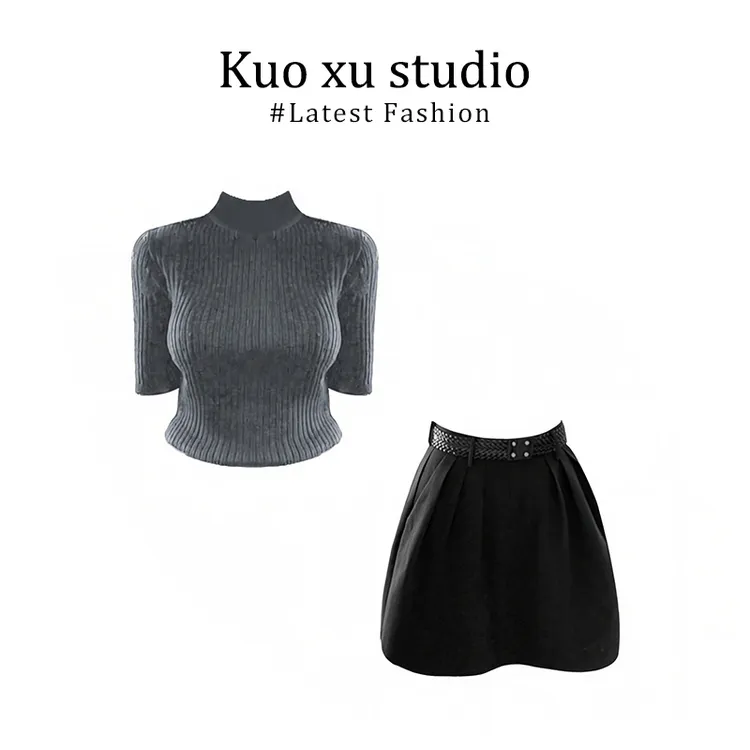 百搭老钱风女装韩系辣妹坑条修身短袖针织衫秋季气质花苞半身裙