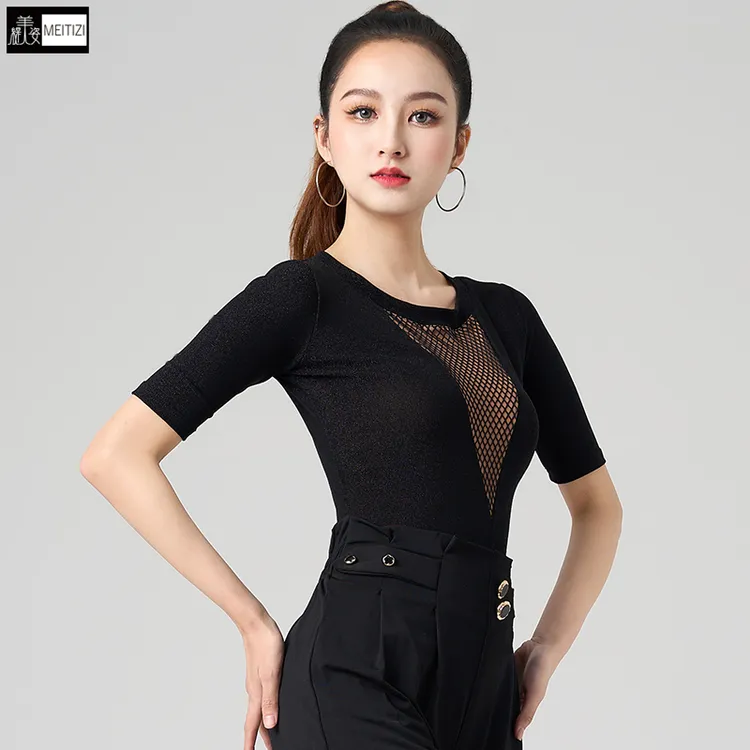 拉丁舞上衣女新款成人跳舞蹈练功服装中袖连体设计感国标摩登舞衣