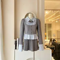 LHTE青青大码女装 秋冬韩系拼接气质假两件衬衫+百褶裙套装T6393