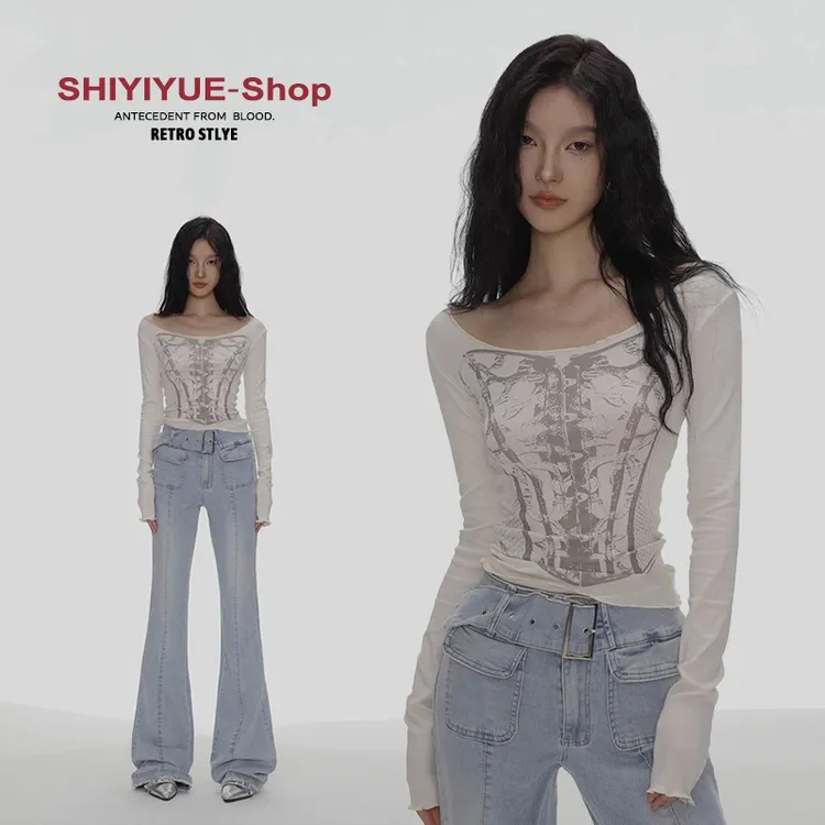 【设计师款】美式辣妹露锁骨长袖T恤女春夏蝴蝶印花内搭打底上衣