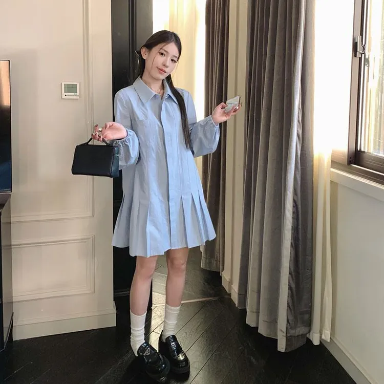 TAAZIEO2025早春新款法式蓝色Polo领衬衫连衣裙女小个子韩版宽松