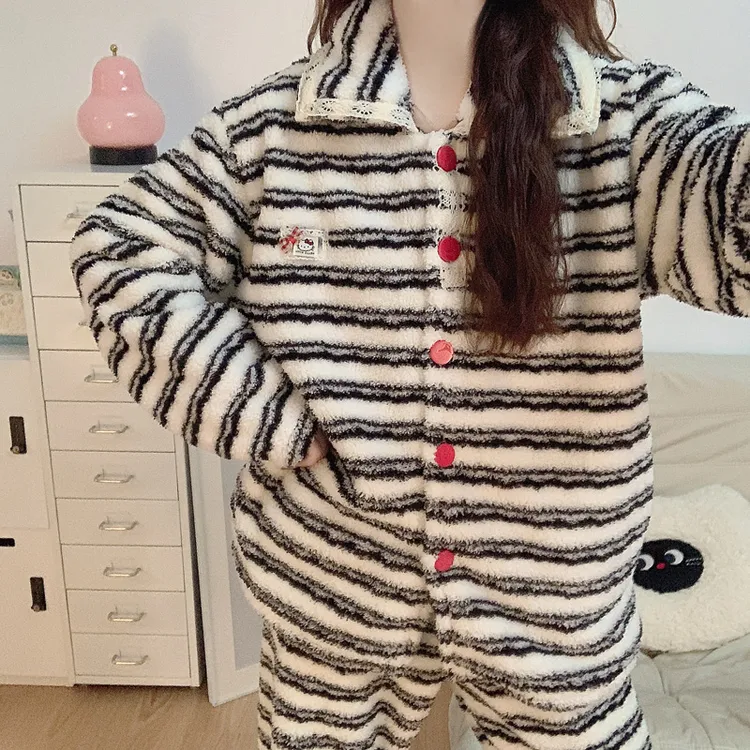 【加绒加厚】珊瑚绒睡衣女秋冬季韩系条纹法兰绒保暖学生家居服套装
