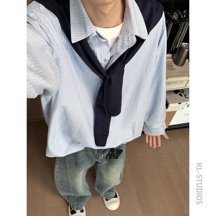 可乐自制「可拆卸披肩」蓝条纹长袖衬衫男设计感小众宽松廓形衬衣