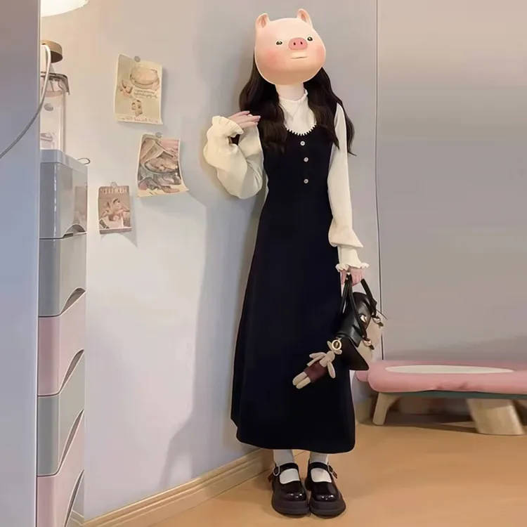 2025秋冬外穿大码针织中长款连衣裙胖妹妹气质显瘦拼接假两件裙子