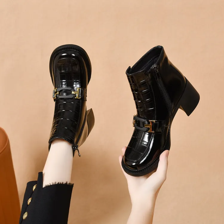 英伦风短靴女圆头侧拉链粗跟舒适加绒保暖妈妈鞋优雅时尚百搭气质