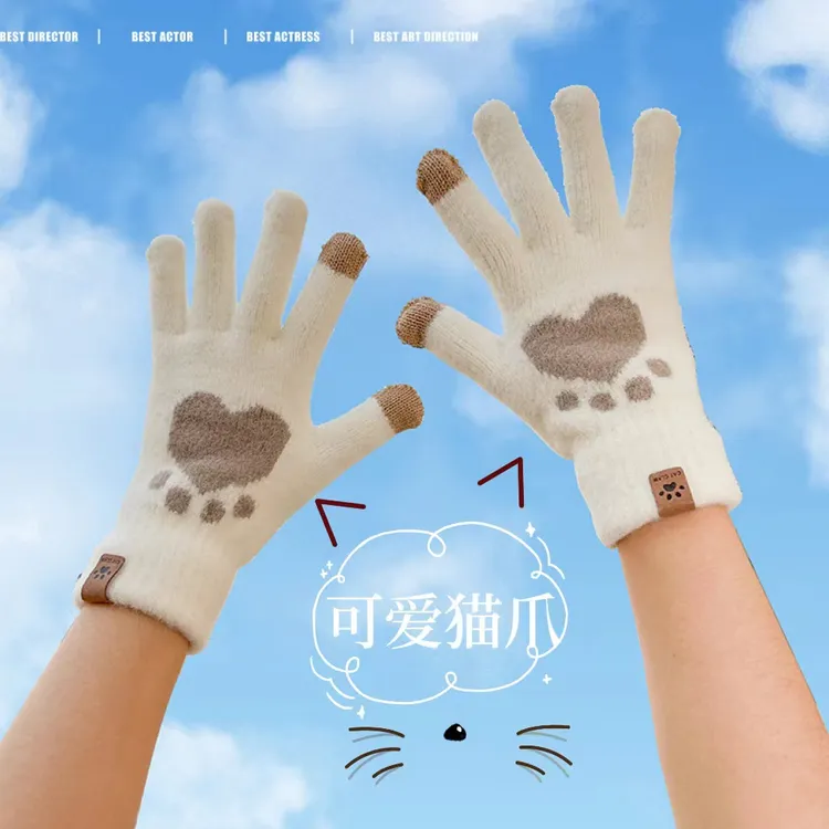 可爱手套女骑行加绒加厚防风猫爪毛绒针织触屏冬季保暖手套