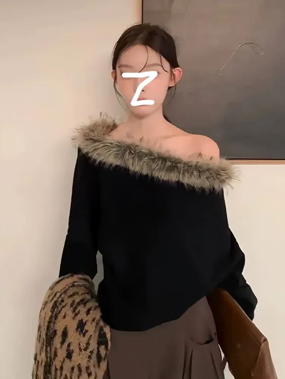 秋冬纯色保暖毛毛领斜肩螺纹包边毛衣5711