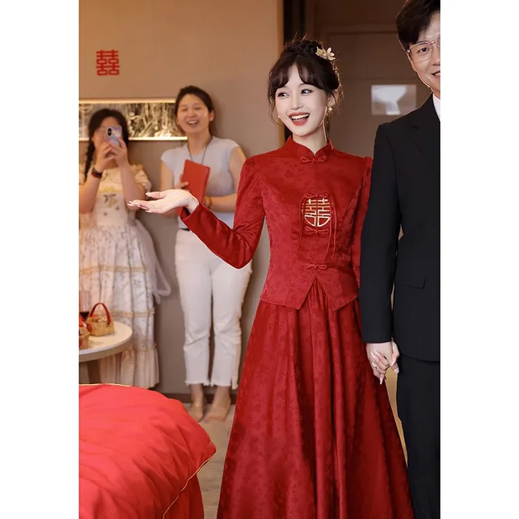 新中式旗袍敬酒服套装2025新款新娘酒红色秀禾服国风婚服订婚礼服