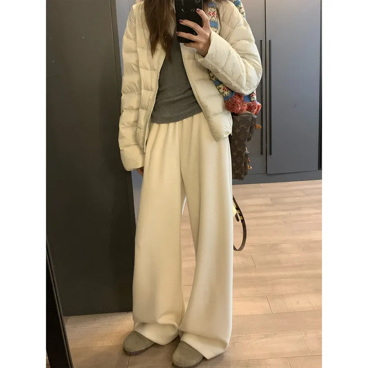 留下 1992 秋冬米白色慵懒风牛乳裤百搭休闲加厚直筒裤宽松阔腿裤