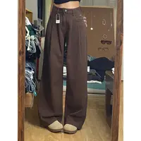 小个子复古咖色褶皱垂感阔腿牛仔裤女新款慵懒松弛感宽松拖地直筒