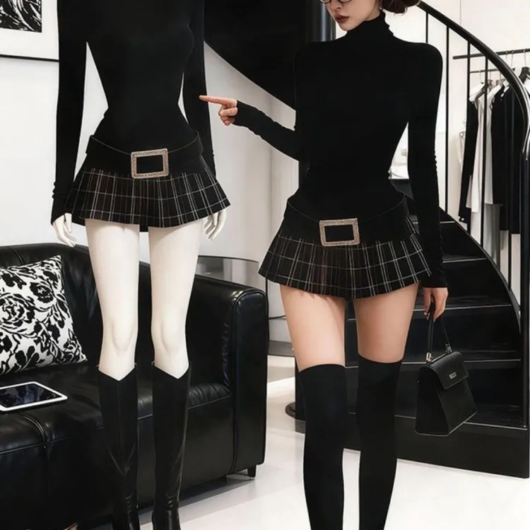 美式辣妹纯欲秋季新款高领不规则上衣格纹百褶小众炸街高级感女装