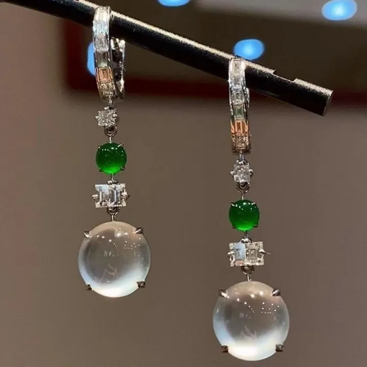 铜合金合成锆石耳饰 冰绿色透亮蛋面耳环小众独特江南氛围感耳饰