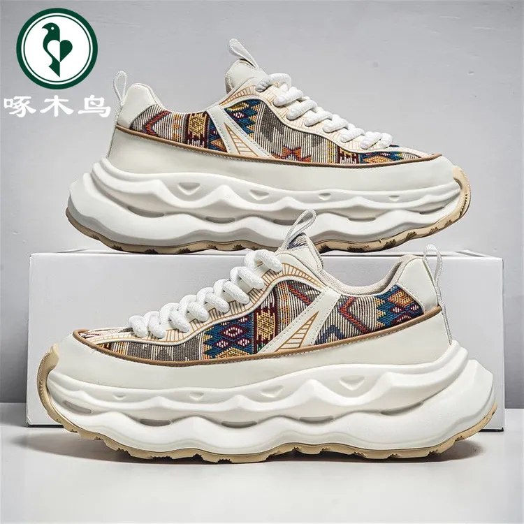 啄木鸟男鞋2025新款时尚百搭休闲帆布鞋子男款厚底增高运动老爹鞋