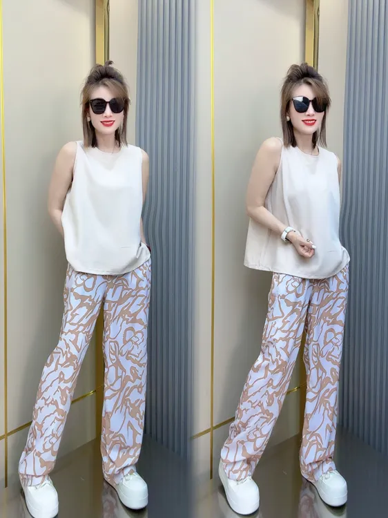 百搭无袖背心垂感薄款印花裤两件套