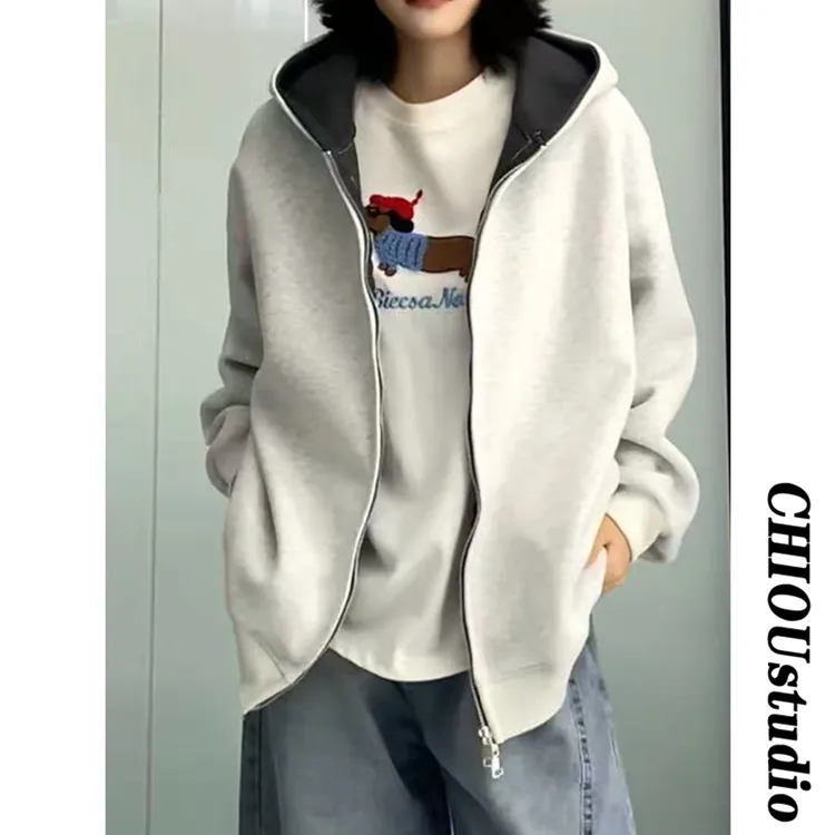 美式重磅460G拼色开衫卫衣男女同款连帽宽松运动外套情侣长袖上衣