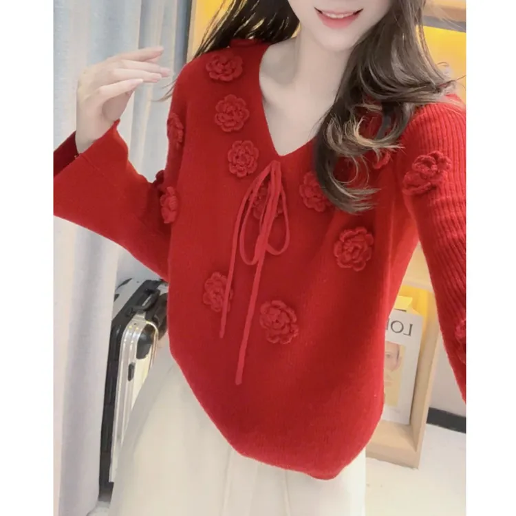 JL 【山茶花V领蝴蝶结全羊毛】2025秋冬新款重工手工钩花气质羊毛衫