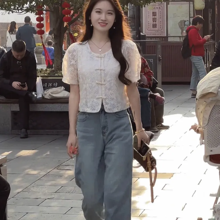 新中式短款泡泡袖蕾丝衬衫2025夏季新款刺绣盘扣甜美显瘦T恤 6532