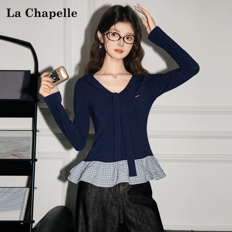 拉夏贝尔设计感假两件撞色长袖T恤女秋独特荷叶边格子打底衫上衣