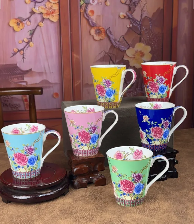 珐琅彩牡丹花卉水杯牛奶杯茶杯家用宫廷风白瓷水具（微波炉款）