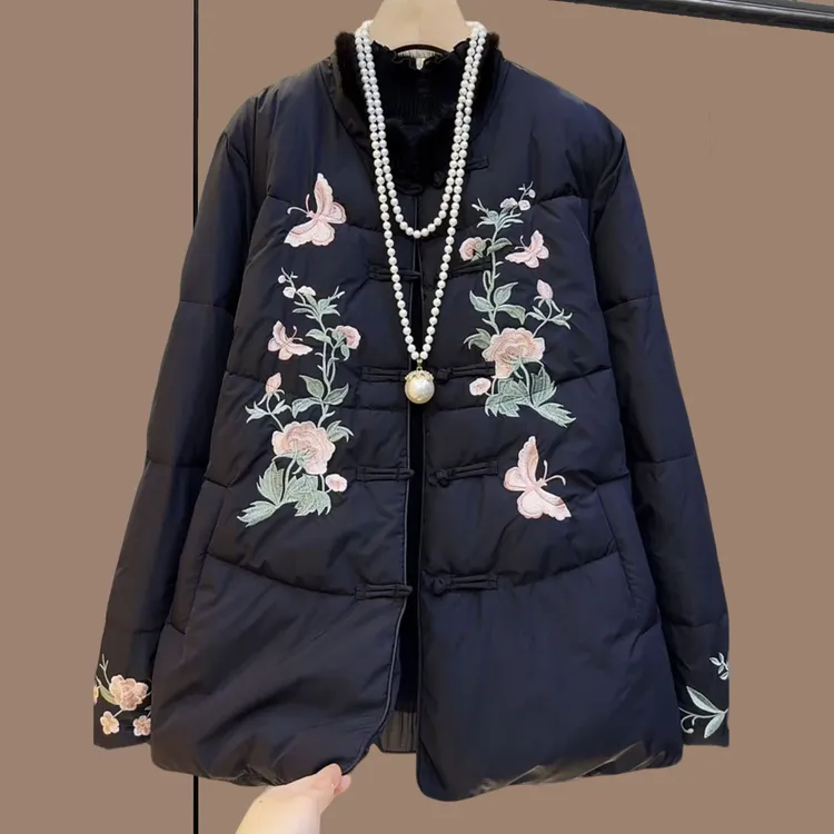 秋冬季大码女装胖妹妹黑色刺绣新中式国风复古盘扣遮肉夹棉单外套