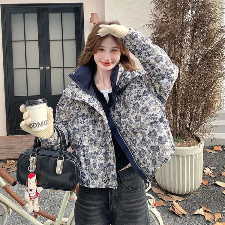 超好看提花拼接小香风羽绒服2025新款女冬独特漂亮立领假两件外套