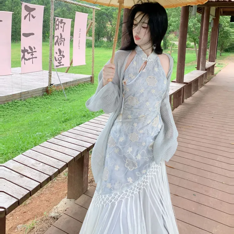 Blovelan碧罗星语 新中式优雅气质网纱拼接旗袍连衣裙