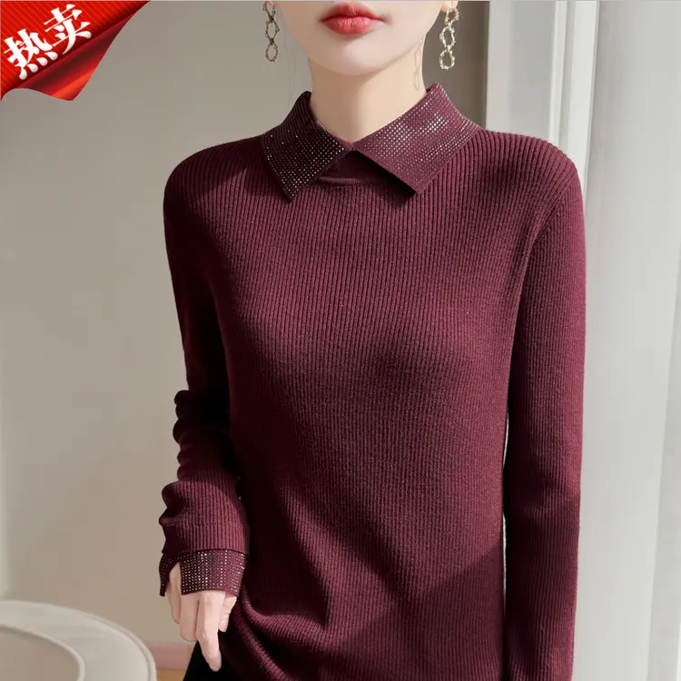 哥弟阿玛施正品烫钻娃娃领精纺羊毛衫女柔软气质内搭保暖针织衫冬