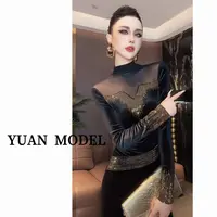 YUAN MODEL/媛老板-时装网纱气质烫钻长袖T恤打底衫秋装 092801