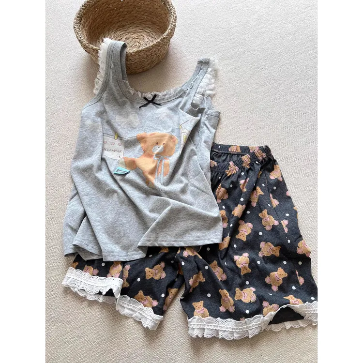 韩版卡通小熊蕾丝花边背心睡衣女夏季新款软糯舒适短裤家居服套装