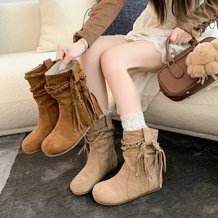 圆头短筒堆堆靴女2025秋季新款复古流苏西部马丁靴内增高勃肯短靴